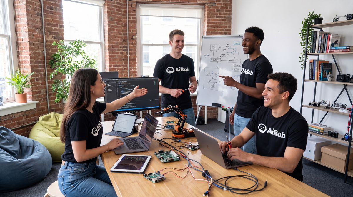AiRob workspace: people in AiRob T-shirts working with laptops, electronics and a robotic arm